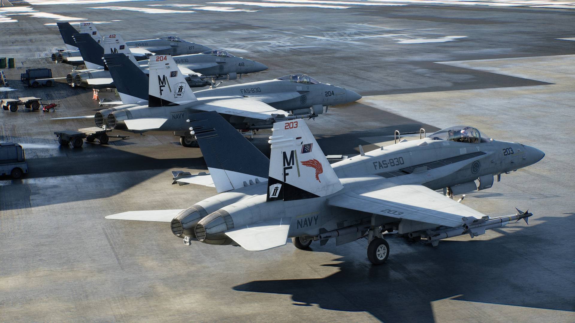 Ace Combat 8 fighter aircraft lined up on a flight deck