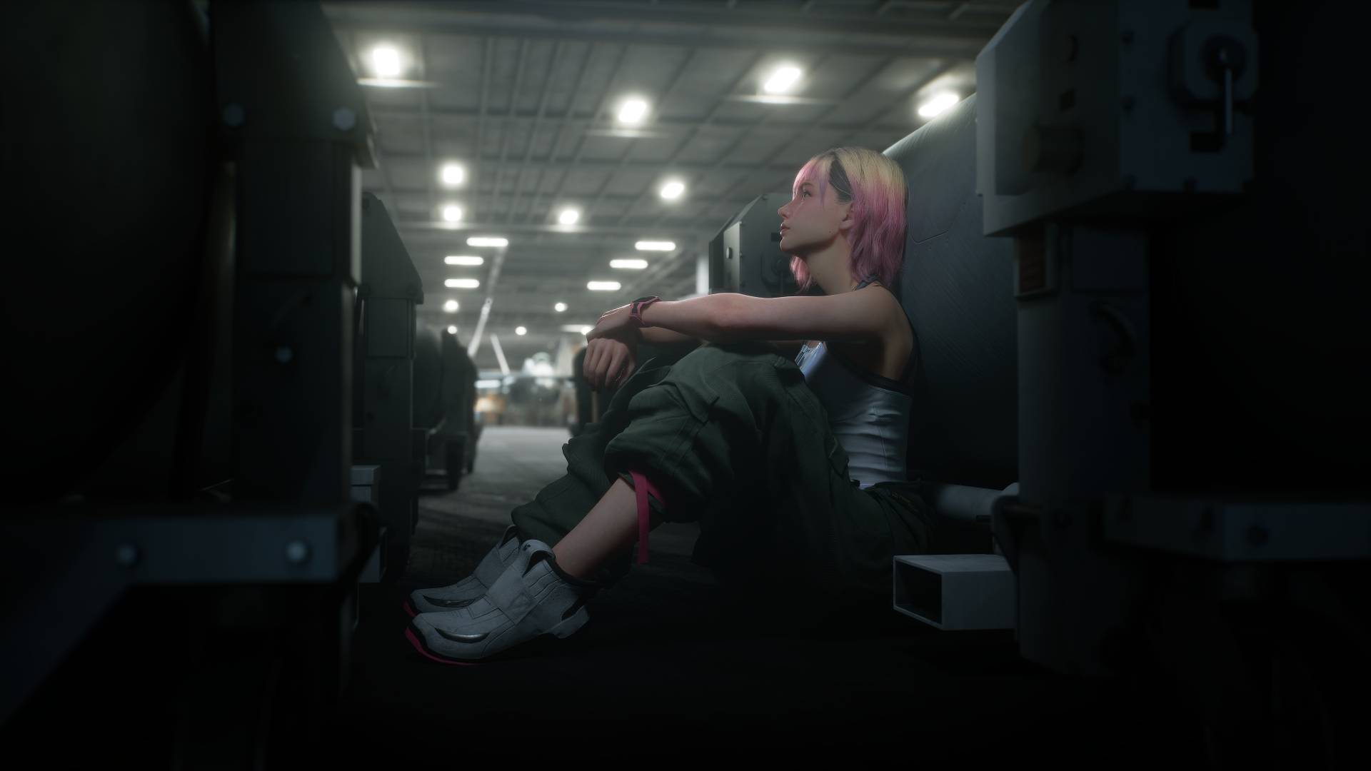 Pink-haired woman seated inside an Ace Combat 8 aircraft interior
