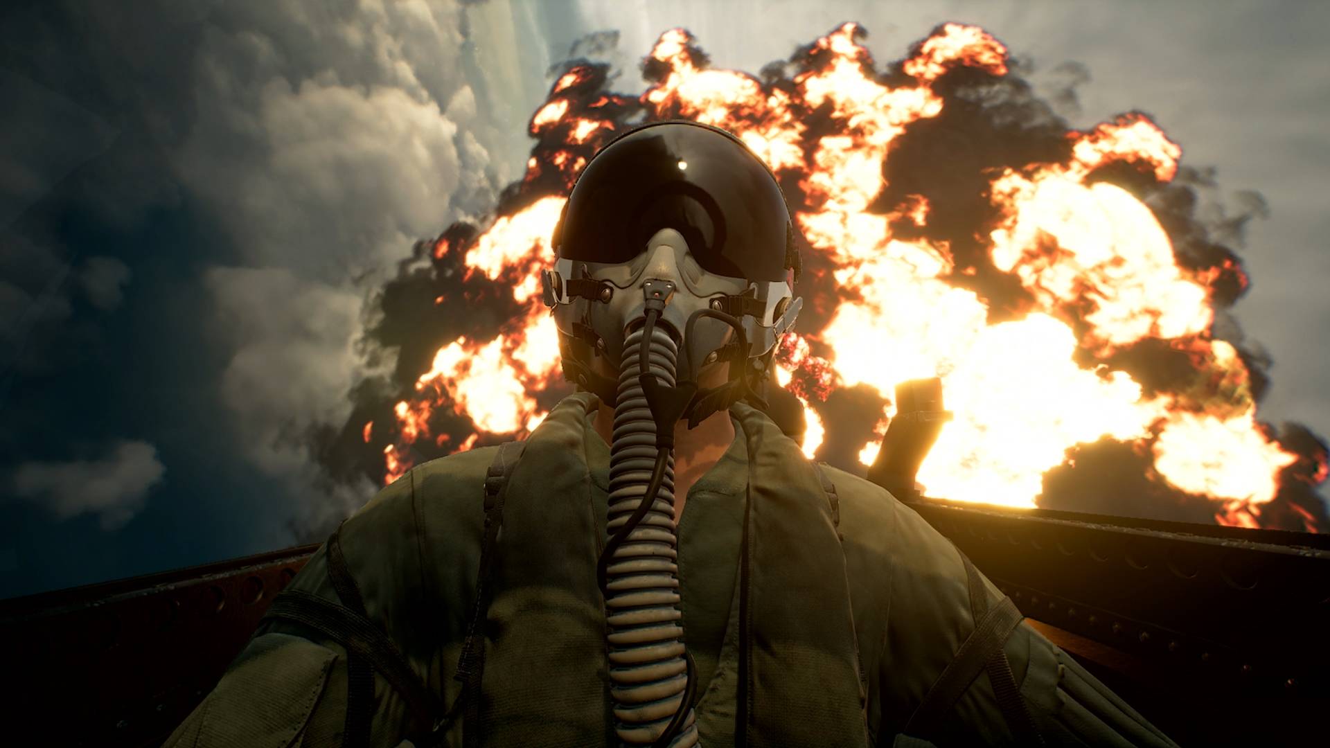 Ace Combat 8 pilot flying in front of an explosion