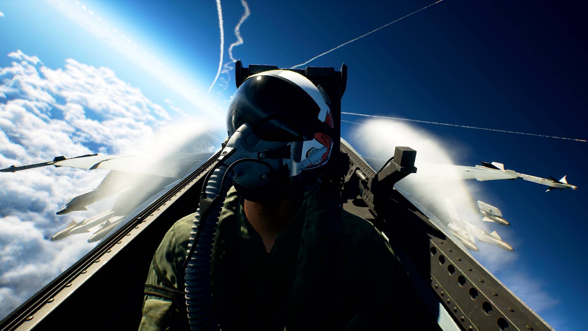 Ace Combat 8 pilot in a cockpit above the clouds