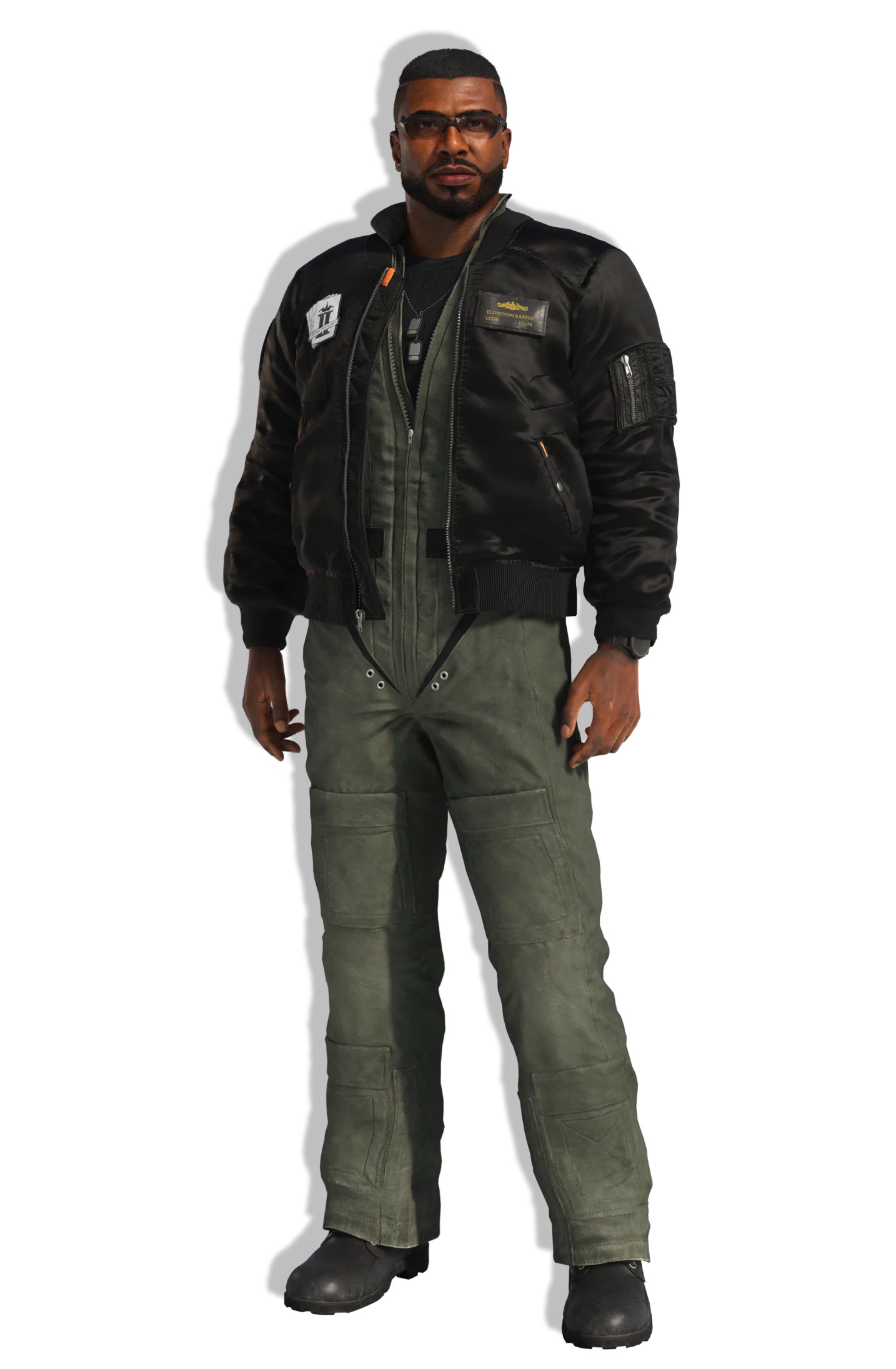 Ellington Baxter standing in a black bomber jacket over a green flight suit