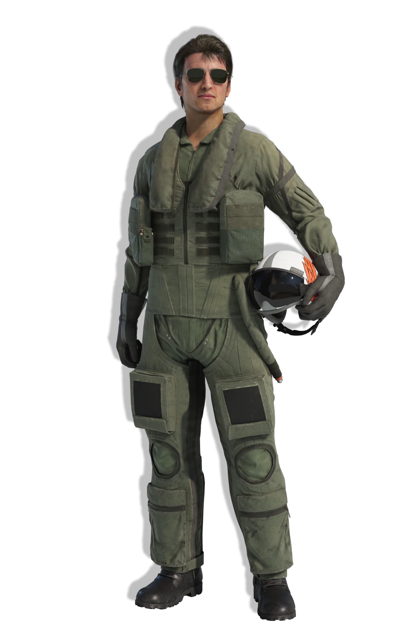 Ace Combat 8 protagonist Jan Cope in a green flight suit holding a helmet