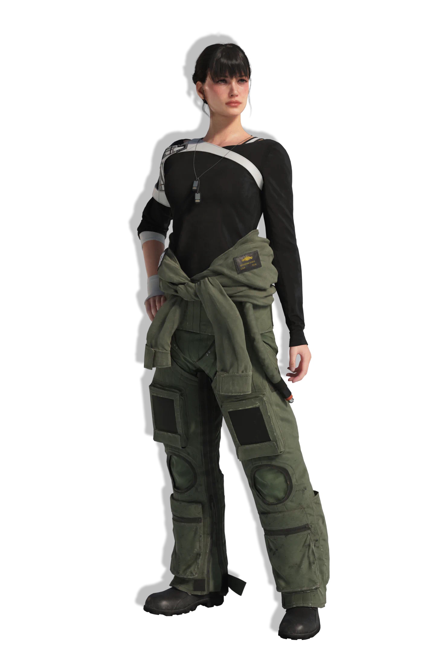 Kate Evans in a black top with a flight jacket tied around her waist