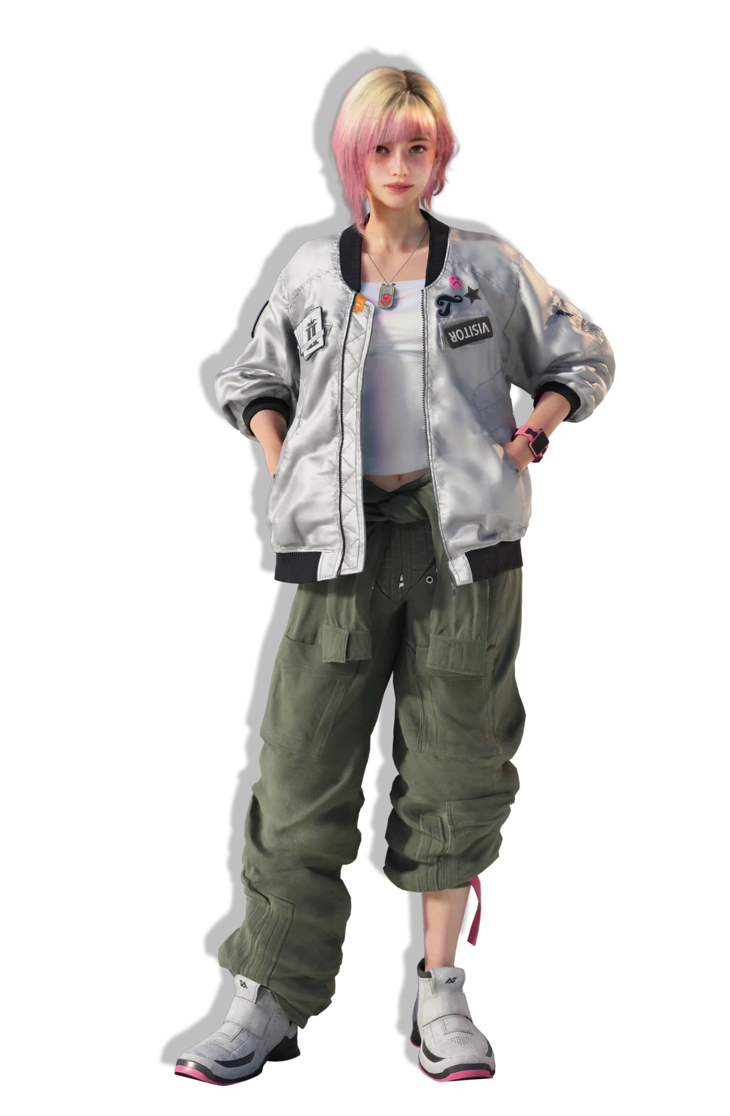 Tasha Severskya in a silver bomber jacket with her hands in her pockets