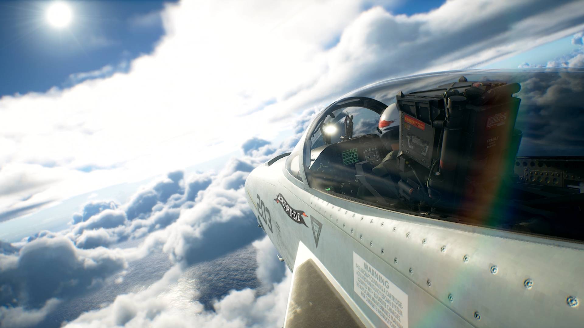 Fighter aircraft flying above a bright cloud layer in Ace Combat 8