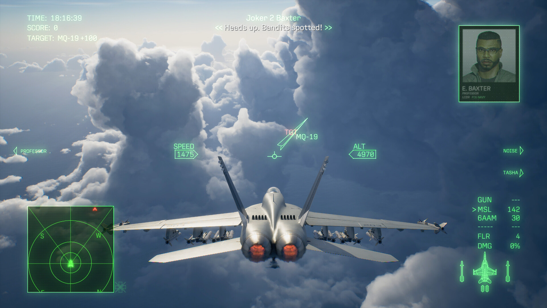 Ace Combat 8 HUD view showing a Joker Flight pilot portrait and wingman list
