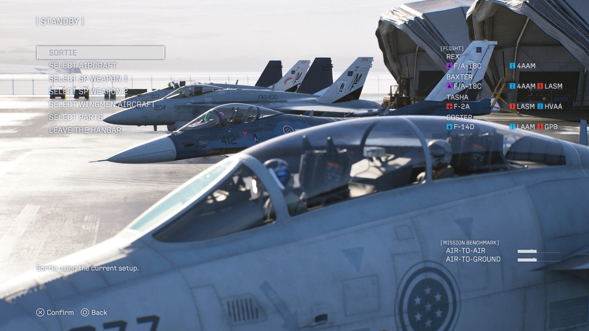 Ace Combat 8 hangar aircraft-select screen showing Rex, Baxter, Tasha, and Coster's aircraft