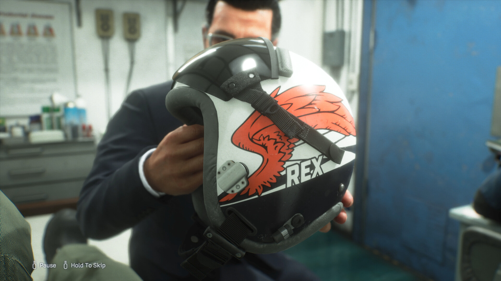 Ace Combat 8 story scene showing a helmet marked REX