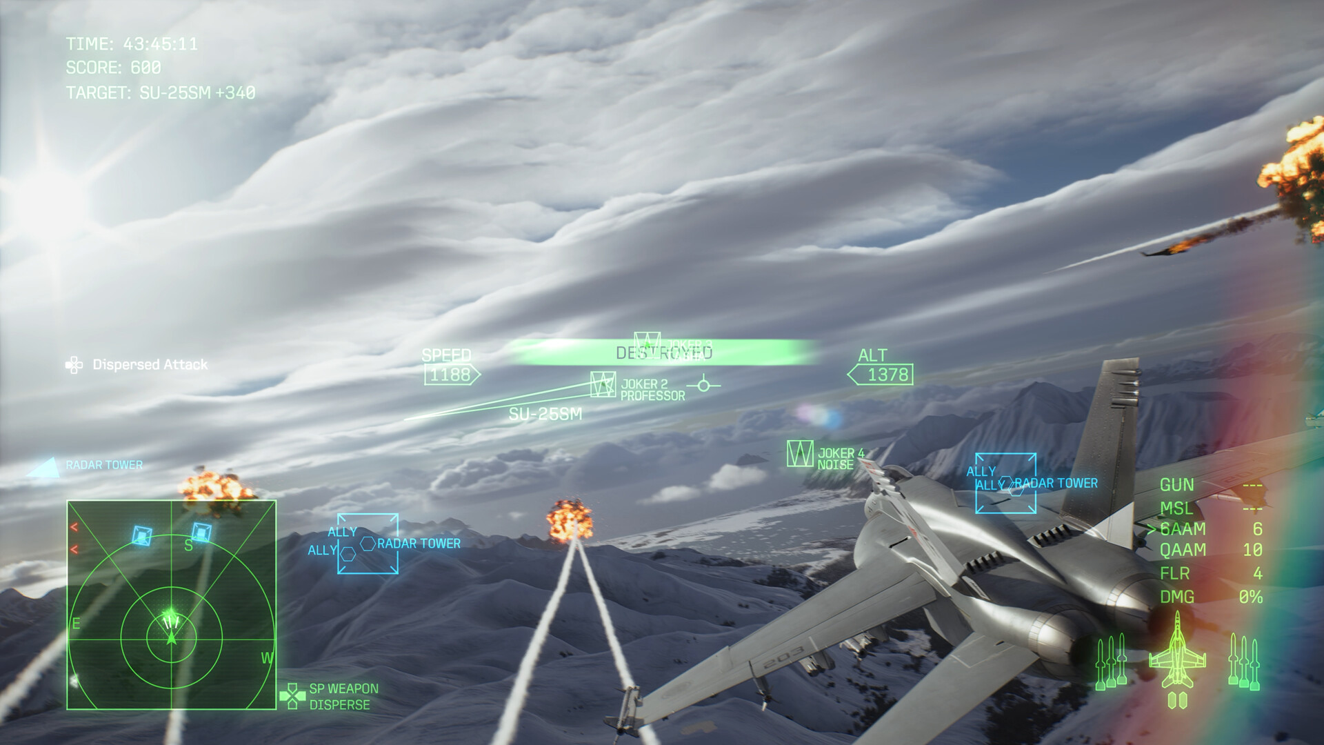 Ace Combat 8 jet striking mountain targets in an explosion