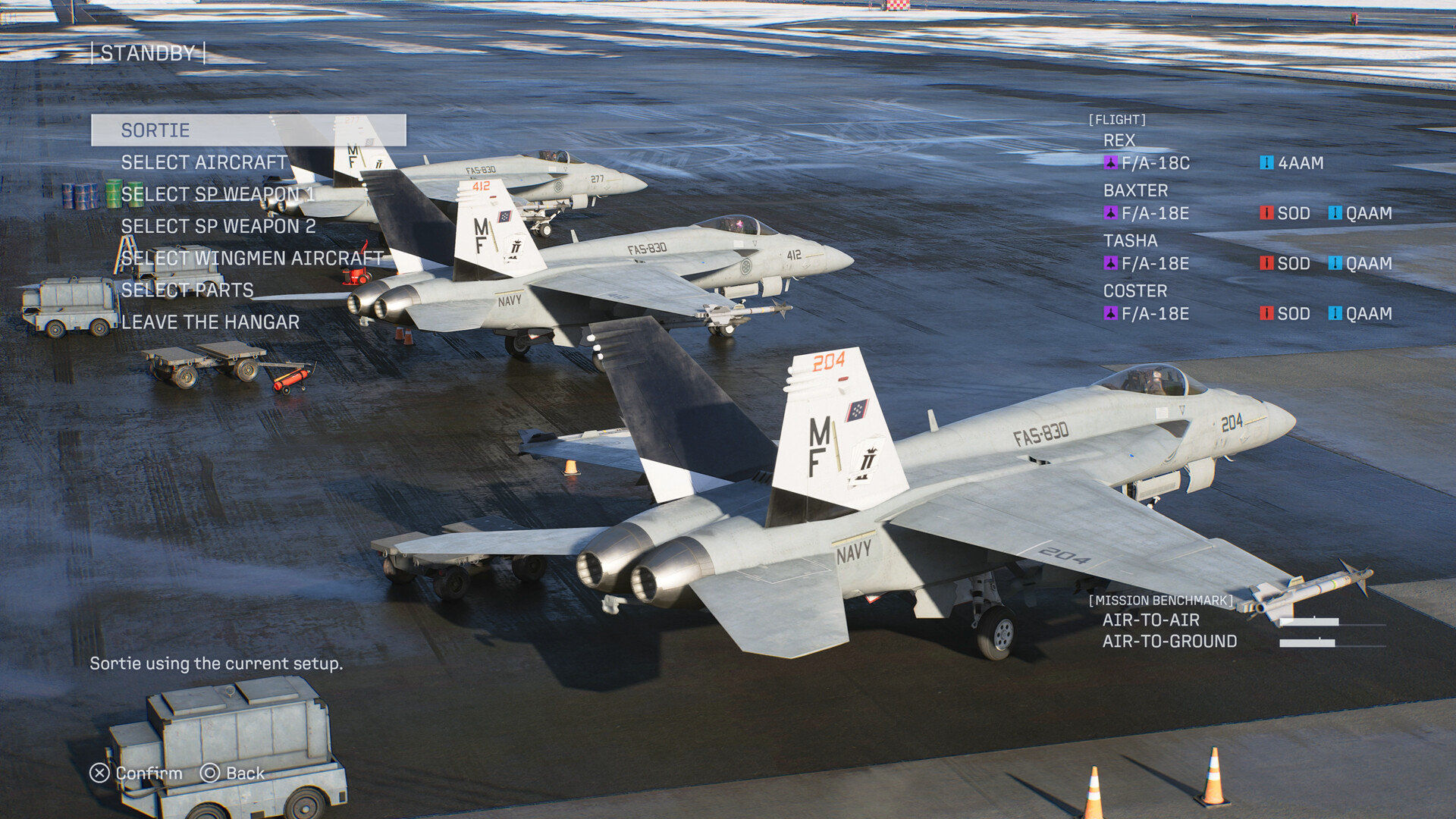Ace Combat 8 hangar deck with lined-up aircraft
