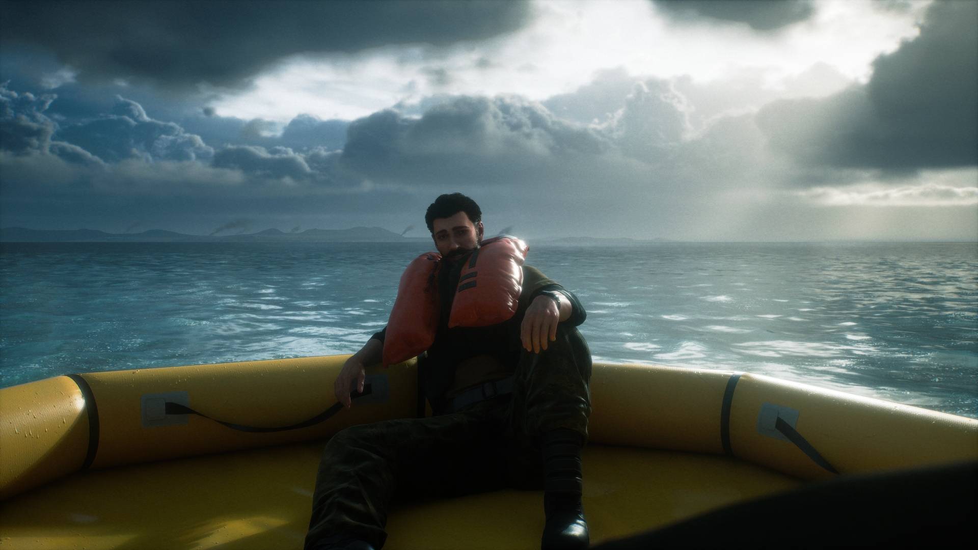 Ace Combat 8 character seated in a life raft at sea